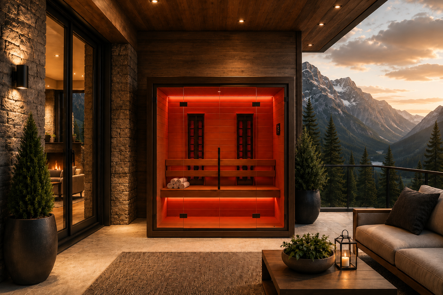 3 Person Dark Brown Cedar Infrared Sauna (Red)